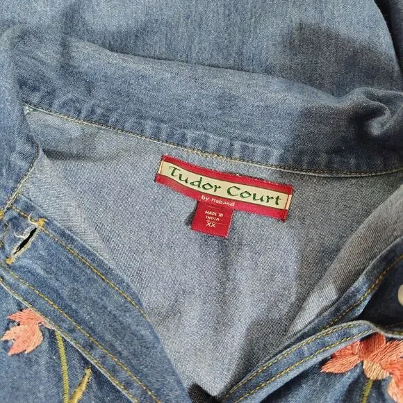 Vintage Embroidered Denim Shirt Jacket Womens 2X Floral Button Front Boho Folk - Picture 8 of 10